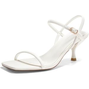 Coutgo Womens Strappy Kitten Heels Open Square Toe Sandals Buckle Ankle Strap Summer Dress Shoes(White)