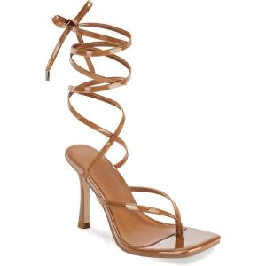 Coutgo Womens Strappy Thong Heels Sandals Sexy Lace up Wrap Ankle Strap Square Toe High Heeled Dress Summer Party Shoes(Brown)