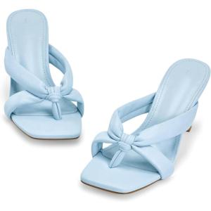 Coutgo Womens Thong Heels Mules Square Toe Heeled Flip Flops Mule Sexy Stiletto Dress Party Sandals(Blue)
