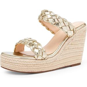 Coutgo Womens Wedge Platform Sandals Espadrilles Two Strap Woven Slip On Summer Cute Slide Sandals(Gold)
