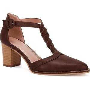 Womens Block Chunky Heels T Strap Dress Shoes Closed Toe Stacked Heeled Pumps Sandals(Dark Brown)