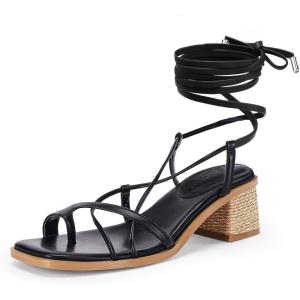 Womens Strappy Heels Thong Gladiator Flat Sandals Dressy Summer Low Chunky Block Heeled Roman Shoes(Black)