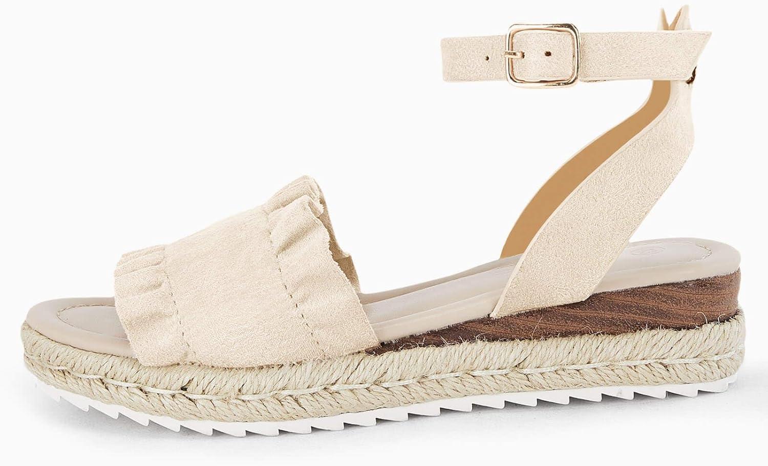 image:imageCoutgo Girls Espadrille Platform Sandals Ruffle Open Toe Ankle Buckle Strap Wedge Casual Summer Shoes for Kids ToddlersBeige