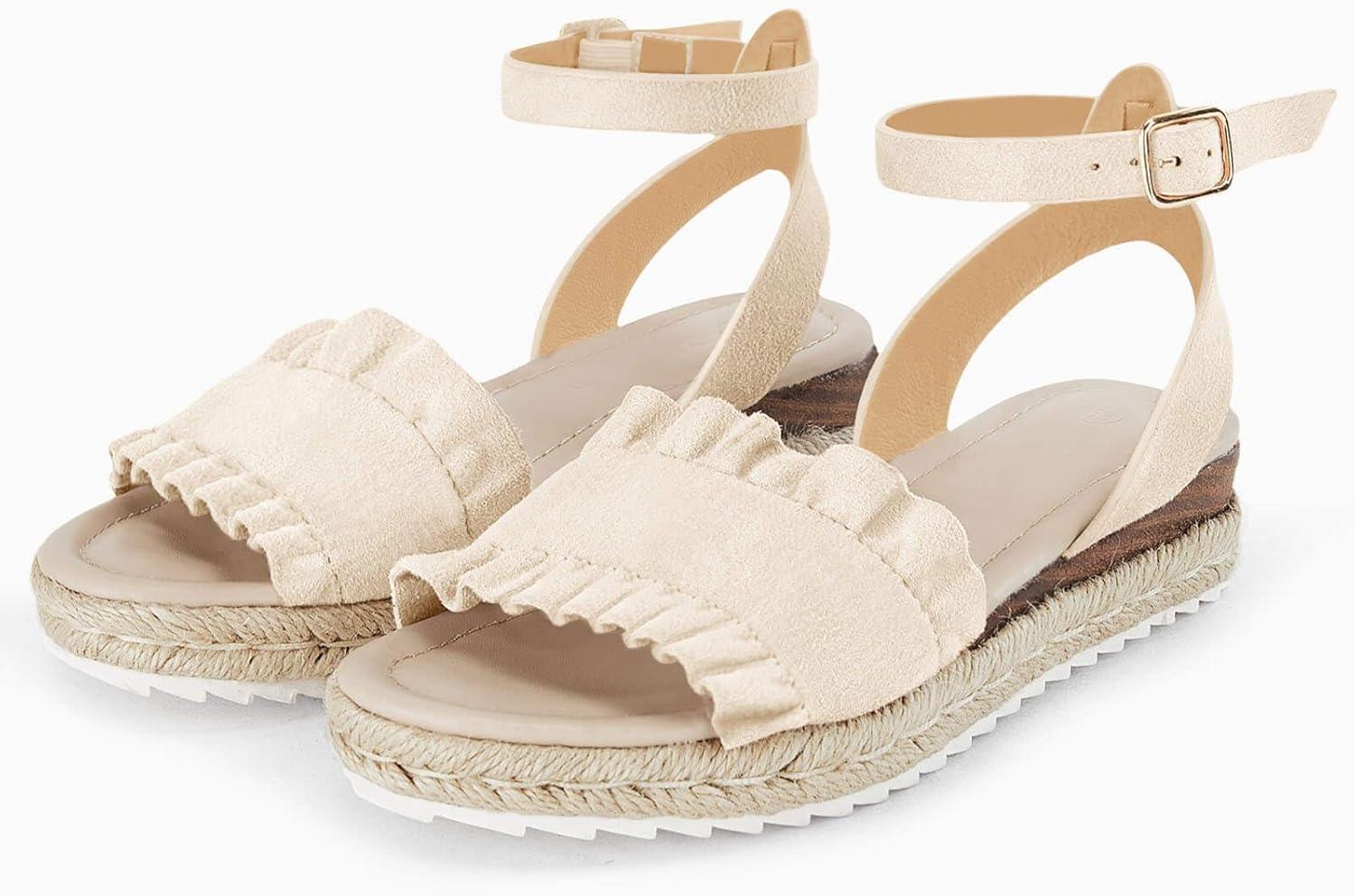 image:imageCoutgo Girls Espadrille Platform Sandals Ruffle Open Toe Ankle Buckle Strap Wedge Casual Summer Shoes for Kids ToddlersBeige