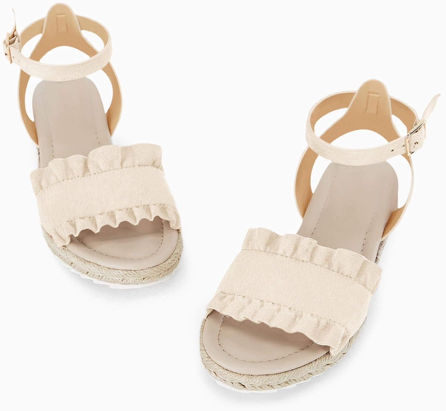 image:imageCoutgo Girls Espadrille Platform Sandals Ruffle Open Toe Ankle Buckle Strap Wedge Casual Summer Shoes for Kids ToddlersBeige