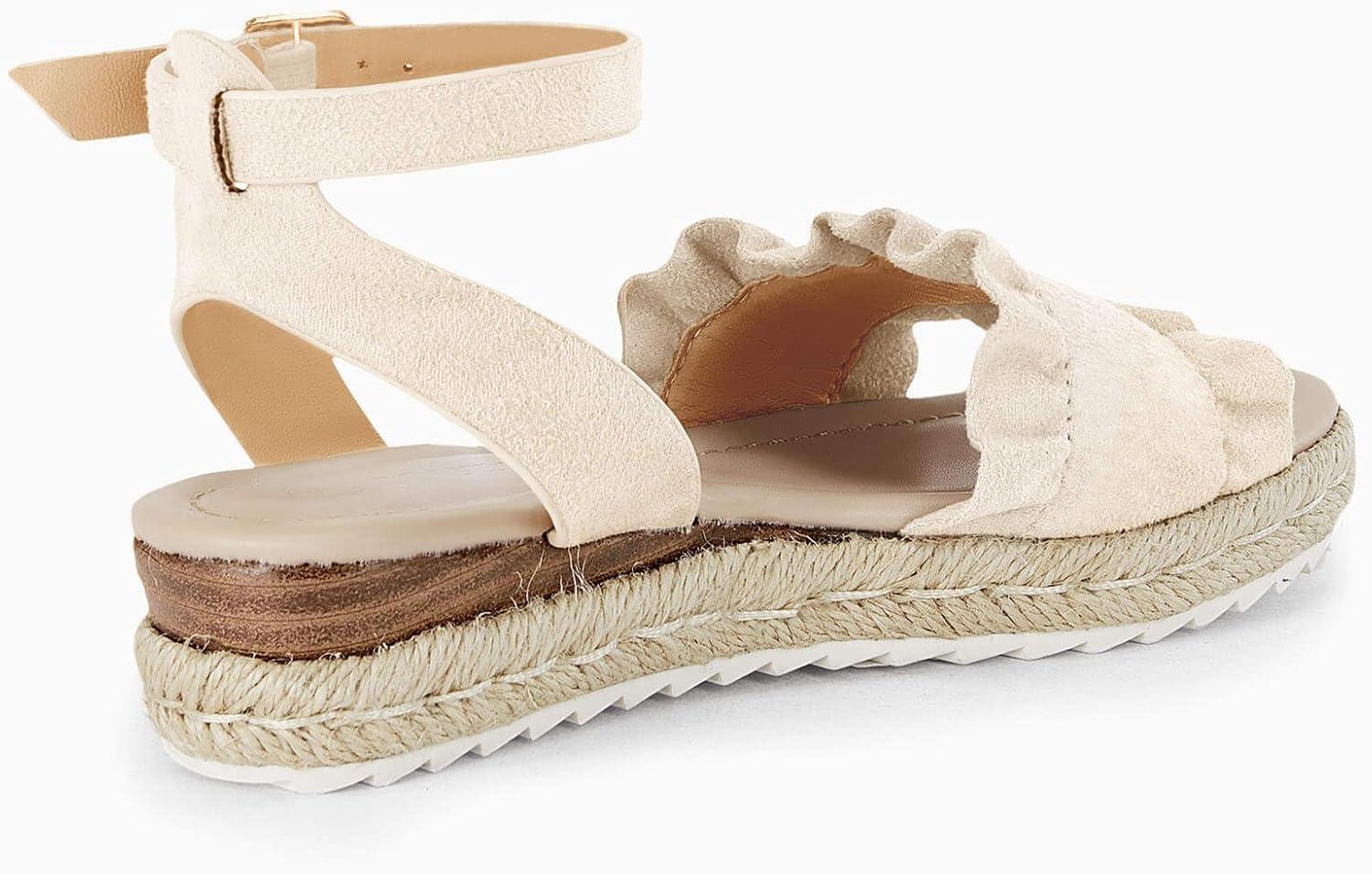 image:imageCoutgo Girls Espadrille Platform Sandals Ruffle Open Toe Ankle Buckle Strap Wedge Casual Summer Shoes for Kids ToddlersBeige