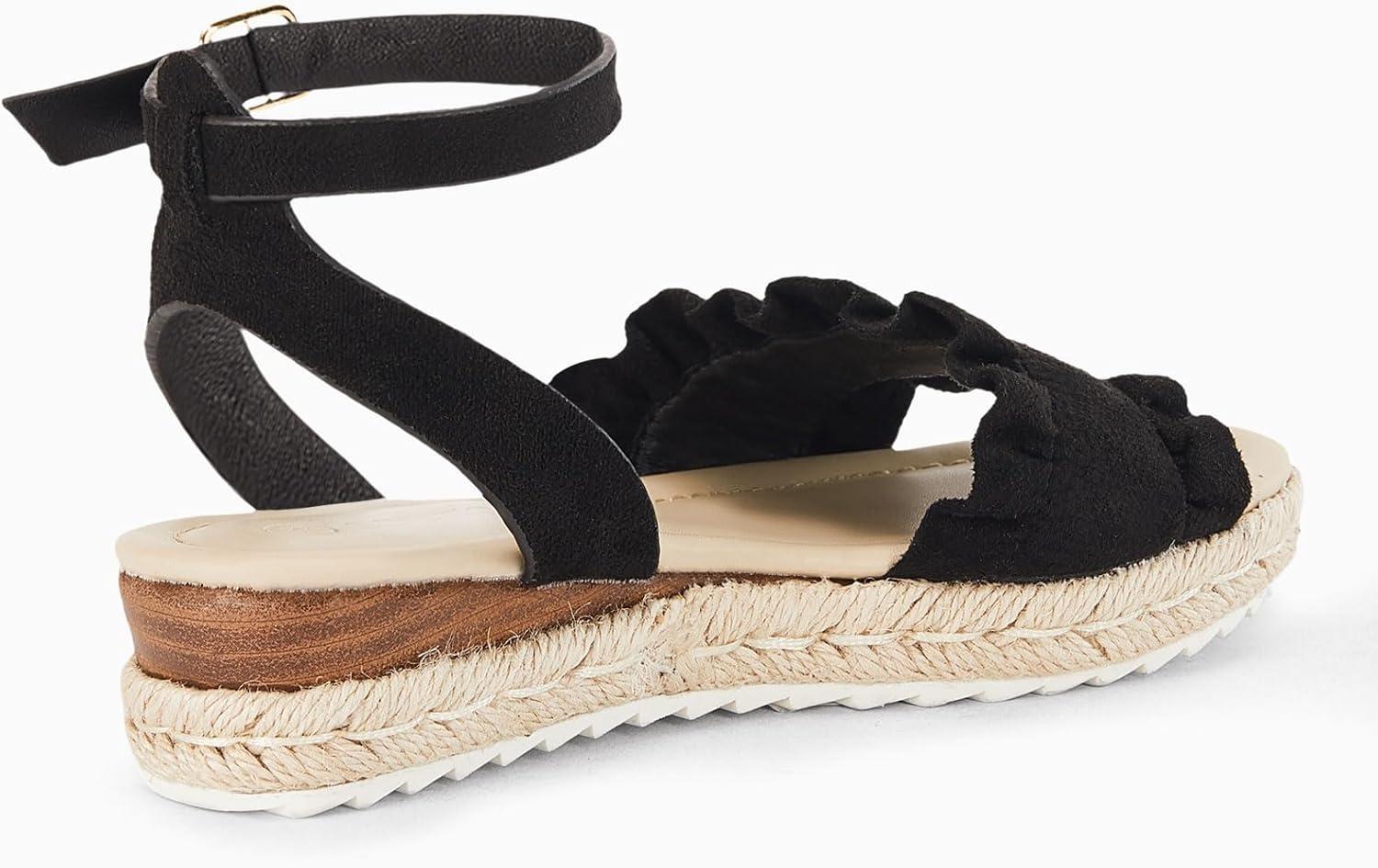 image:imageCoutgo Girls Espadrille Platform Sandals Ruffle Open Toe Ankle Buckle Strap Wedge Casual Summer Shoes for Kids ToddlersBlack