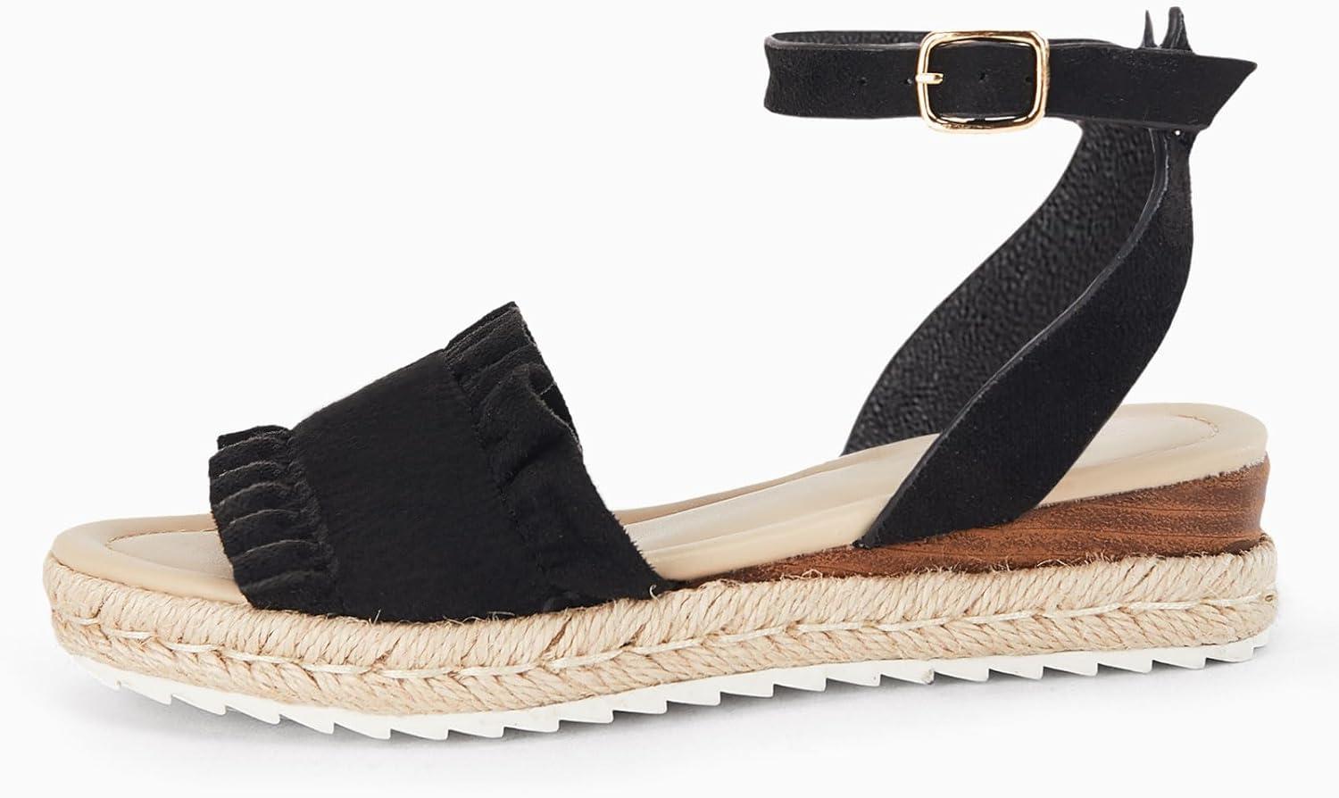 image:imageCoutgo Girls Espadrille Platform Sandals Ruffle Open Toe Ankle Buckle Strap Wedge Casual Summer Shoes for Kids ToddlersBlack