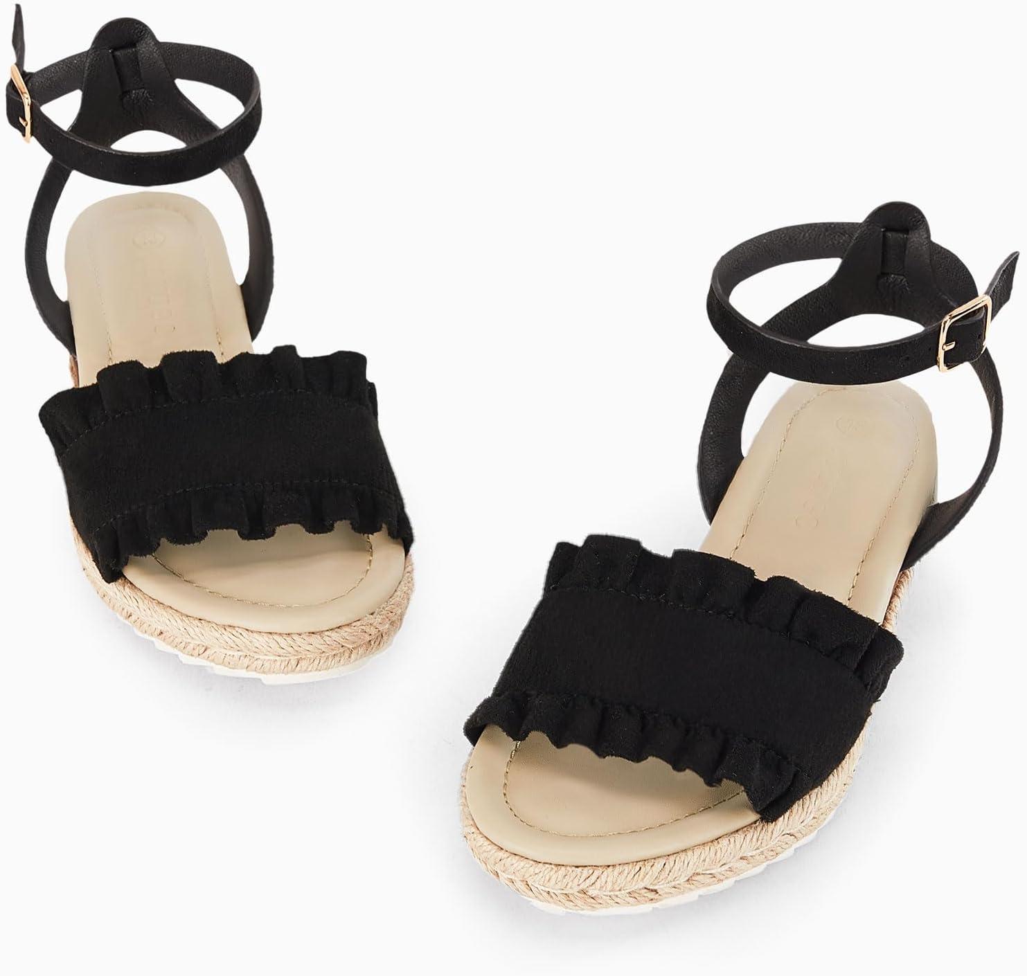 image:imageCoutgo Girls Espadrille Platform Sandals Ruffle Open Toe Ankle Buckle Strap Wedge Casual Summer Shoes for Kids ToddlersBlack