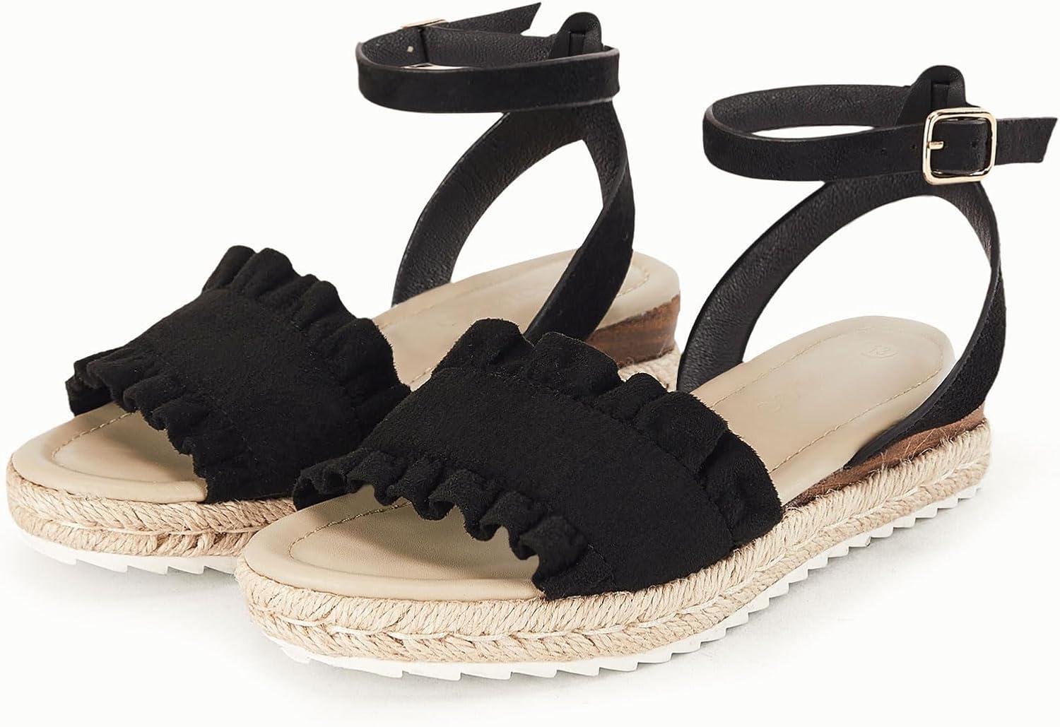 image:imageCoutgo Girls Espadrille Platform Sandals Ruffle Open Toe Ankle Buckle Strap Wedge Casual Summer Shoes for Kids ToddlersBlack