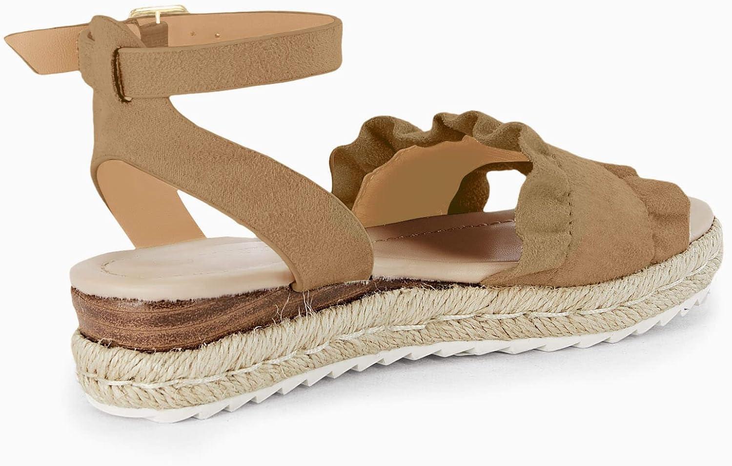 image:imageCoutgo Girls Espadrille Platform Sandals Ruffle Open Toe Ankle Buckle Strap Wedge Casual Summer Shoes for Kids ToddlersKhaki