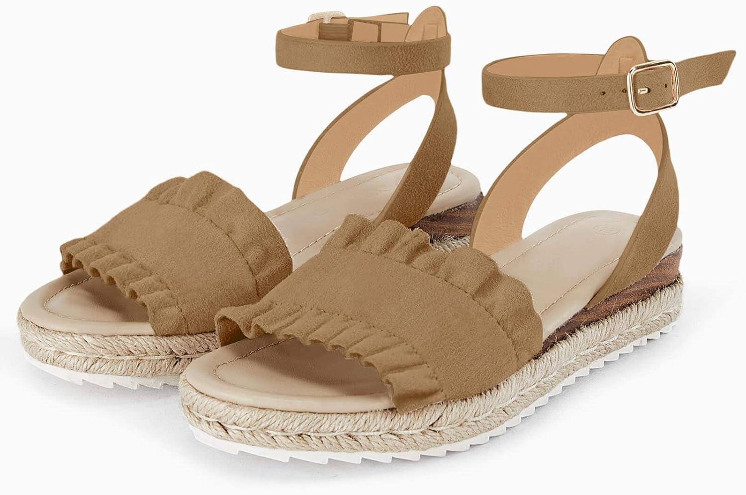 image:imageCoutgo Girls Espadrille Platform Sandals Ruffle Open Toe Ankle Buckle Strap Wedge Casual Summer Shoes for Kids ToddlersKhaki