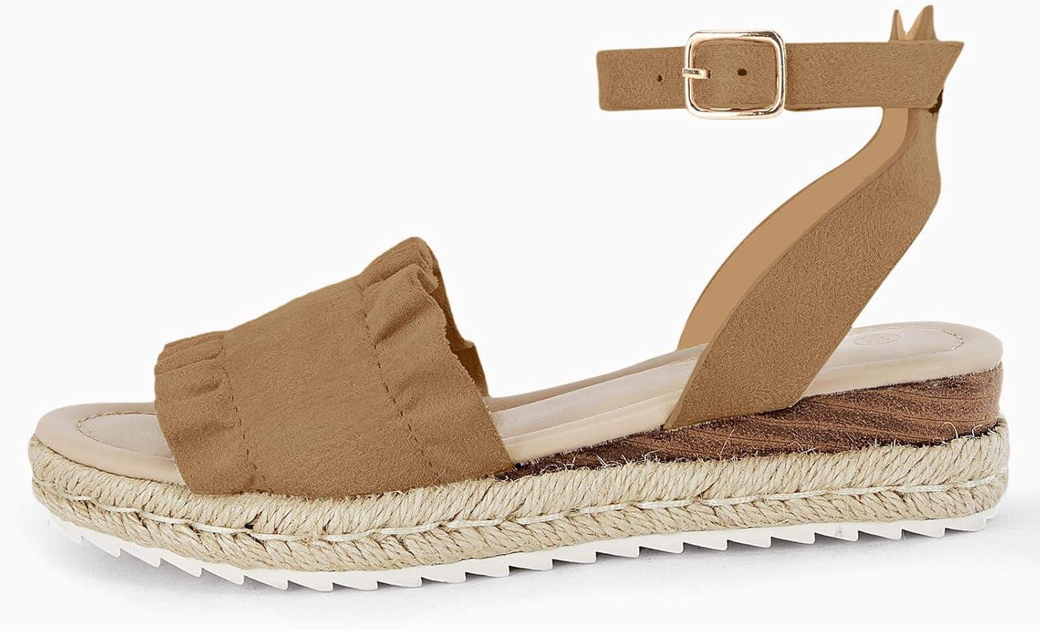image:imageCoutgo Girls Espadrille Platform Sandals Ruffle Open Toe Ankle Buckle Strap Wedge Casual Summer Shoes for Kids ToddlersKhaki