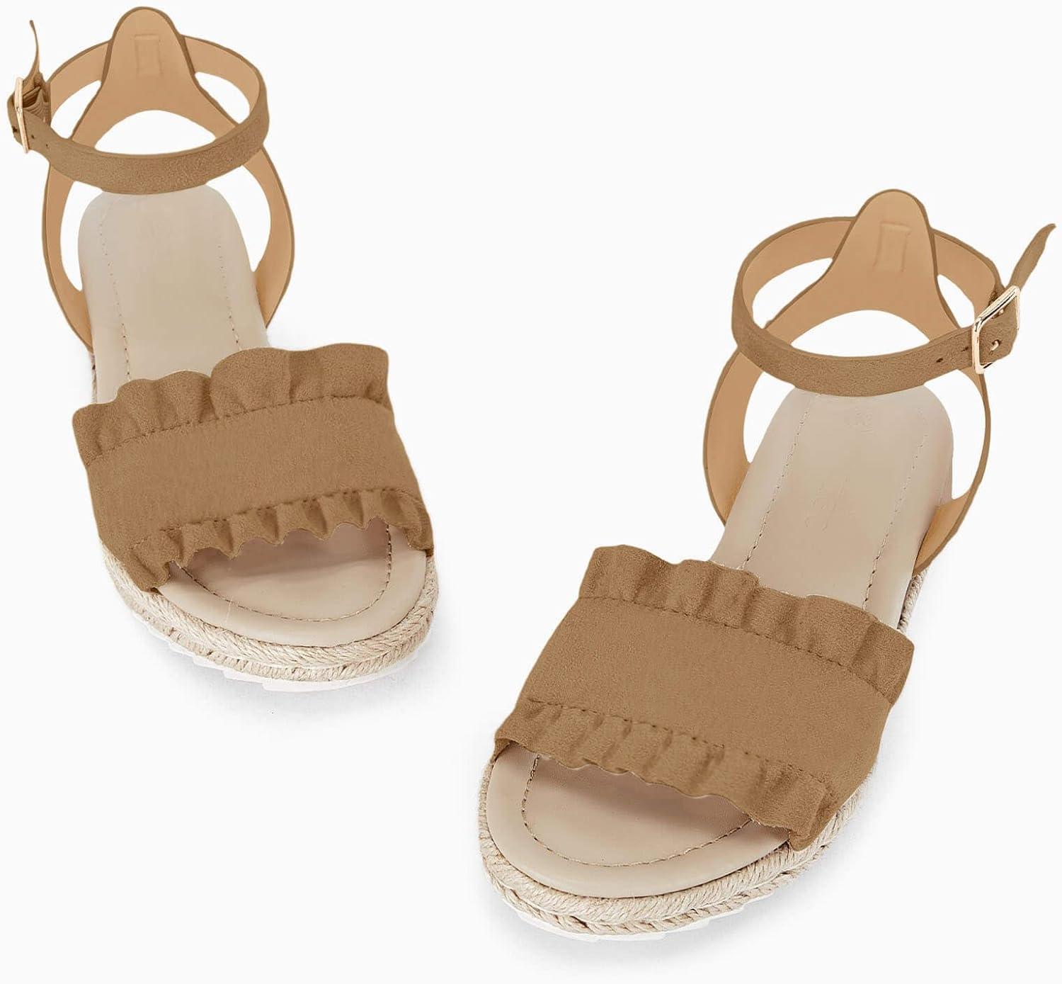 image:imageCoutgo Girls Espadrille Platform Sandals Ruffle Open Toe Ankle Buckle Strap Wedge Casual Summer Shoes for Kids ToddlersKhaki
