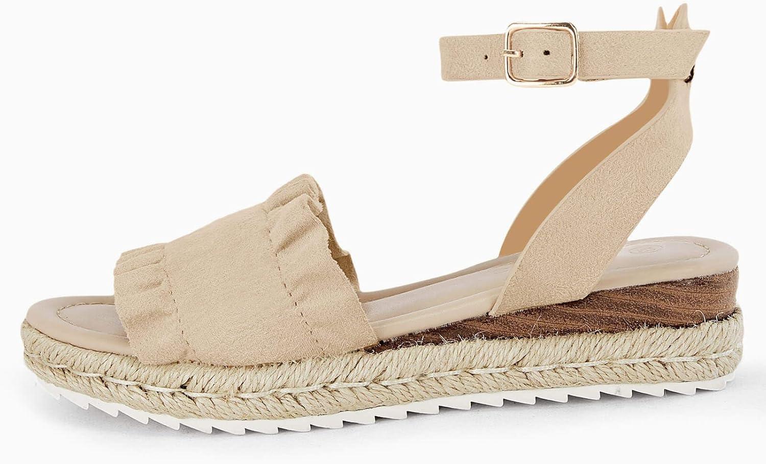 image:imageCoutgo Girls Espadrille Platform Sandals Ruffle Open Toe Ankle Buckle Strap Wedge Casual Summer Shoes for Kids ToddlersNude