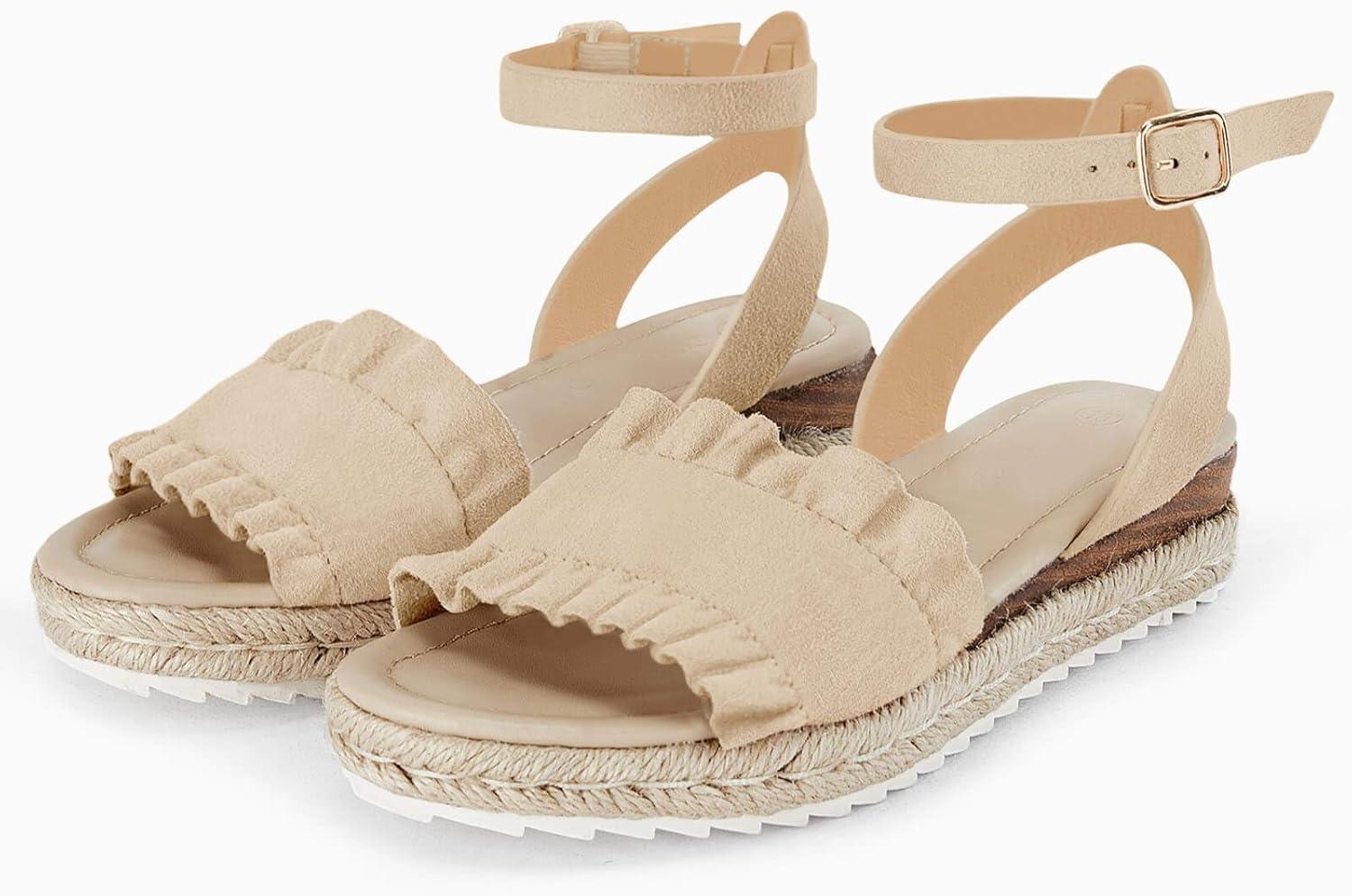 image:imageCoutgo Girls Espadrille Platform Sandals Ruffle Open Toe Ankle Buckle Strap Wedge Casual Summer Shoes for Kids ToddlersNude