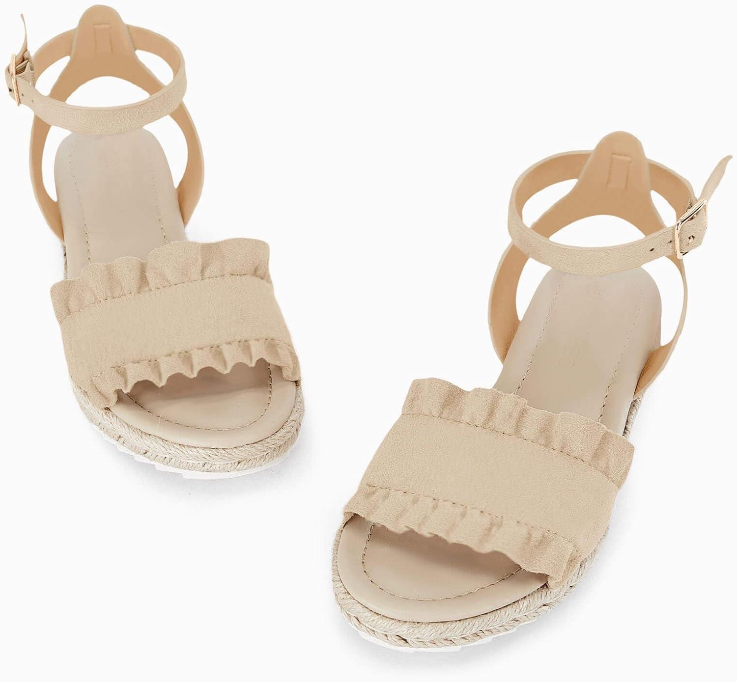image:imageCoutgo Girls Espadrille Platform Sandals Ruffle Open Toe Ankle Buckle Strap Wedge Casual Summer Shoes for Kids ToddlersNude