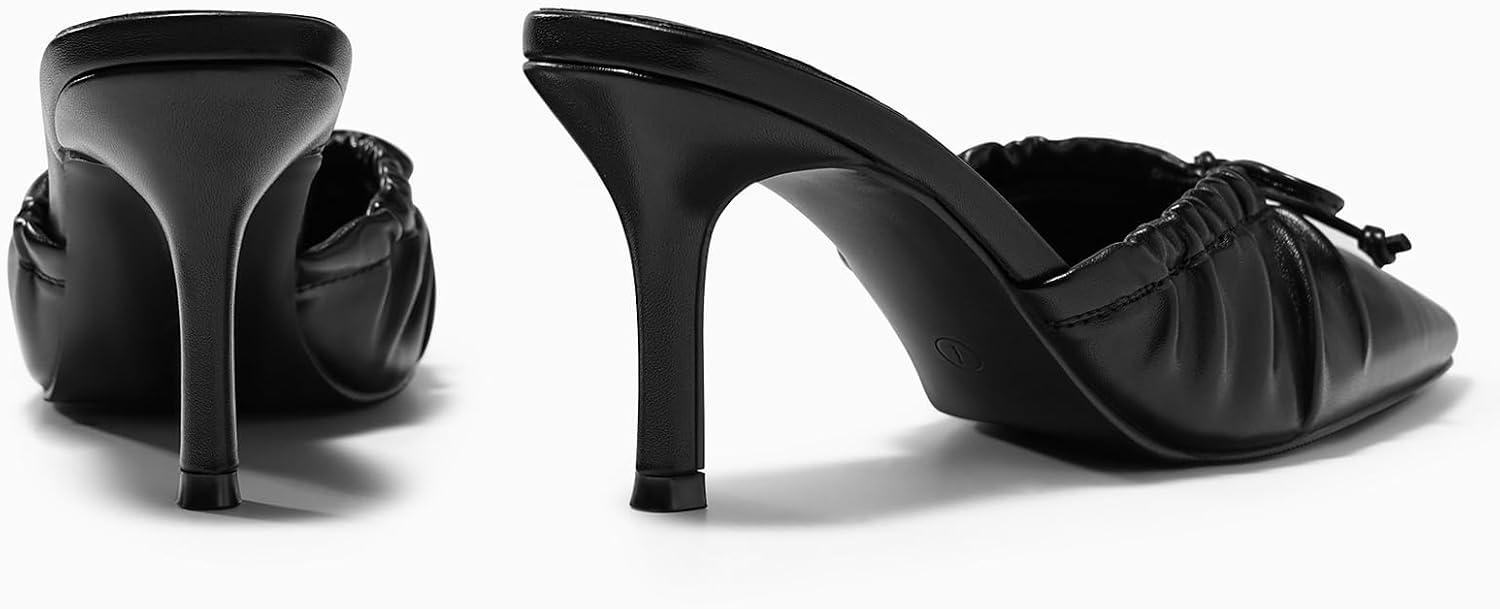 image:imageCoutgo Womens High Heels Mules Bow Closed Pointed Toe Pumps Pleated Slip On Dress ShoesPu Black