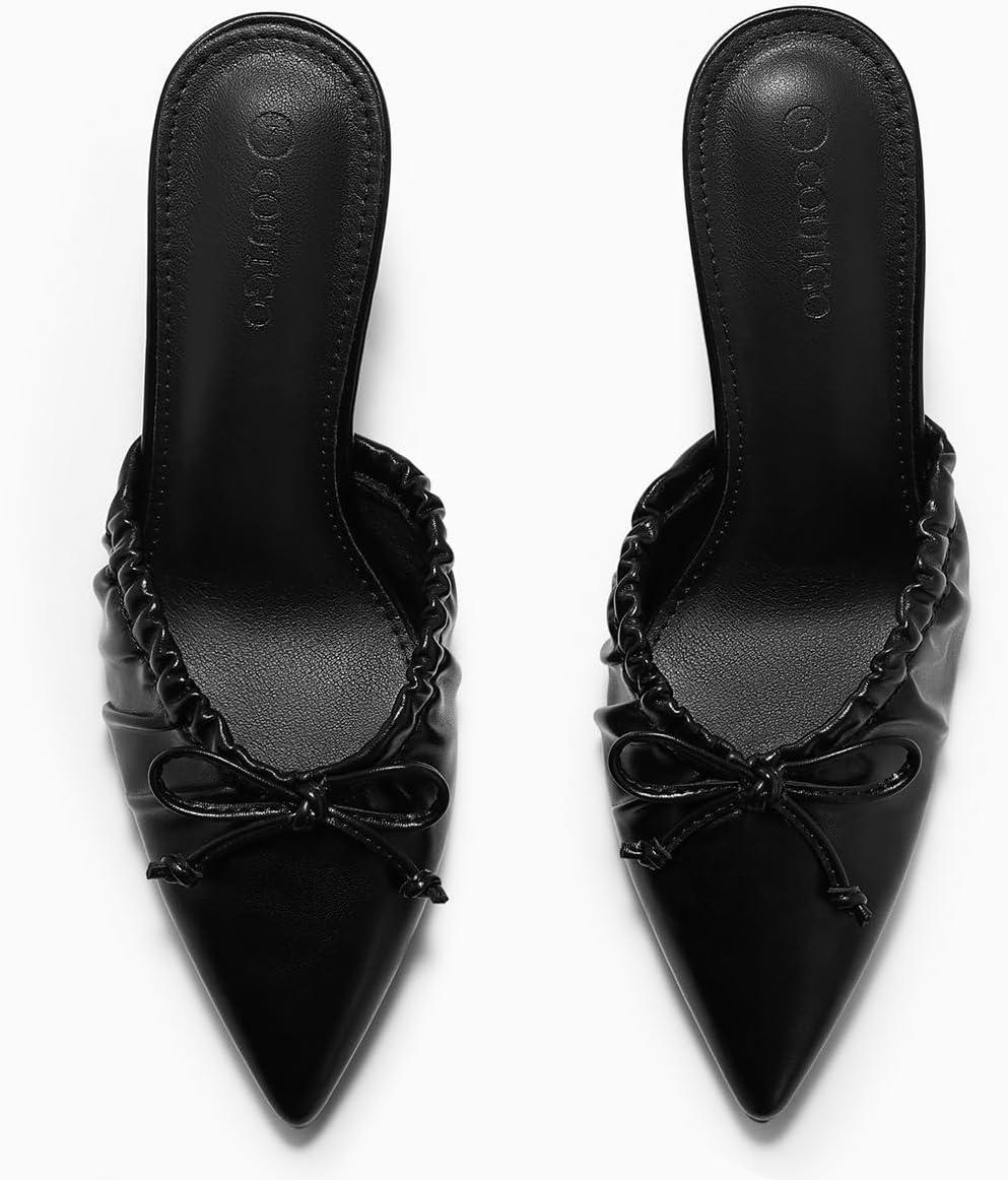 image:imageCoutgo Womens High Heels Mules Bow Closed Pointed Toe Pumps Pleated Slip On Dress ShoesPu Black