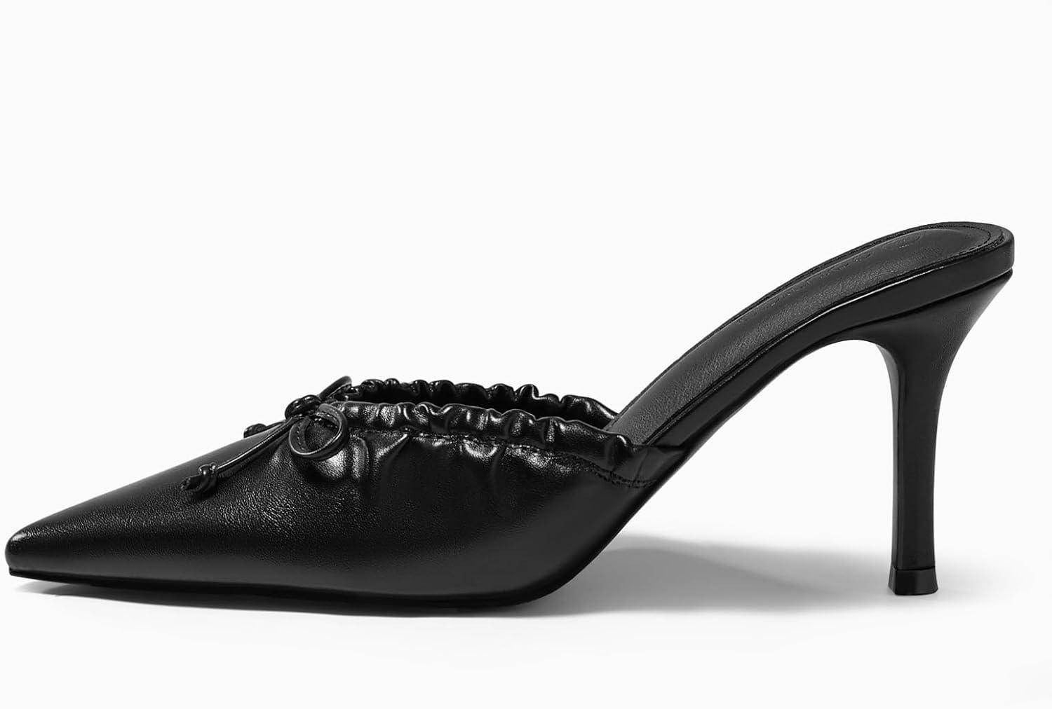 image:imageCoutgo Womens High Heels Mules Bow Closed Pointed Toe Pumps Pleated Slip On Dress ShoesPu Black