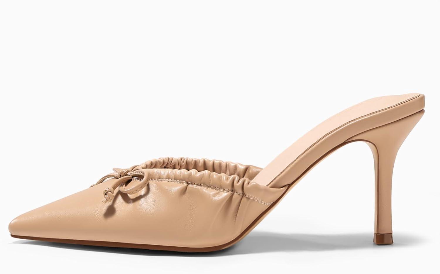image:imageCoutgo Womens High Heels Mules Bow Closed Pointed Toe Pumps Pleated Slip On Dress ShoesPu Khaki