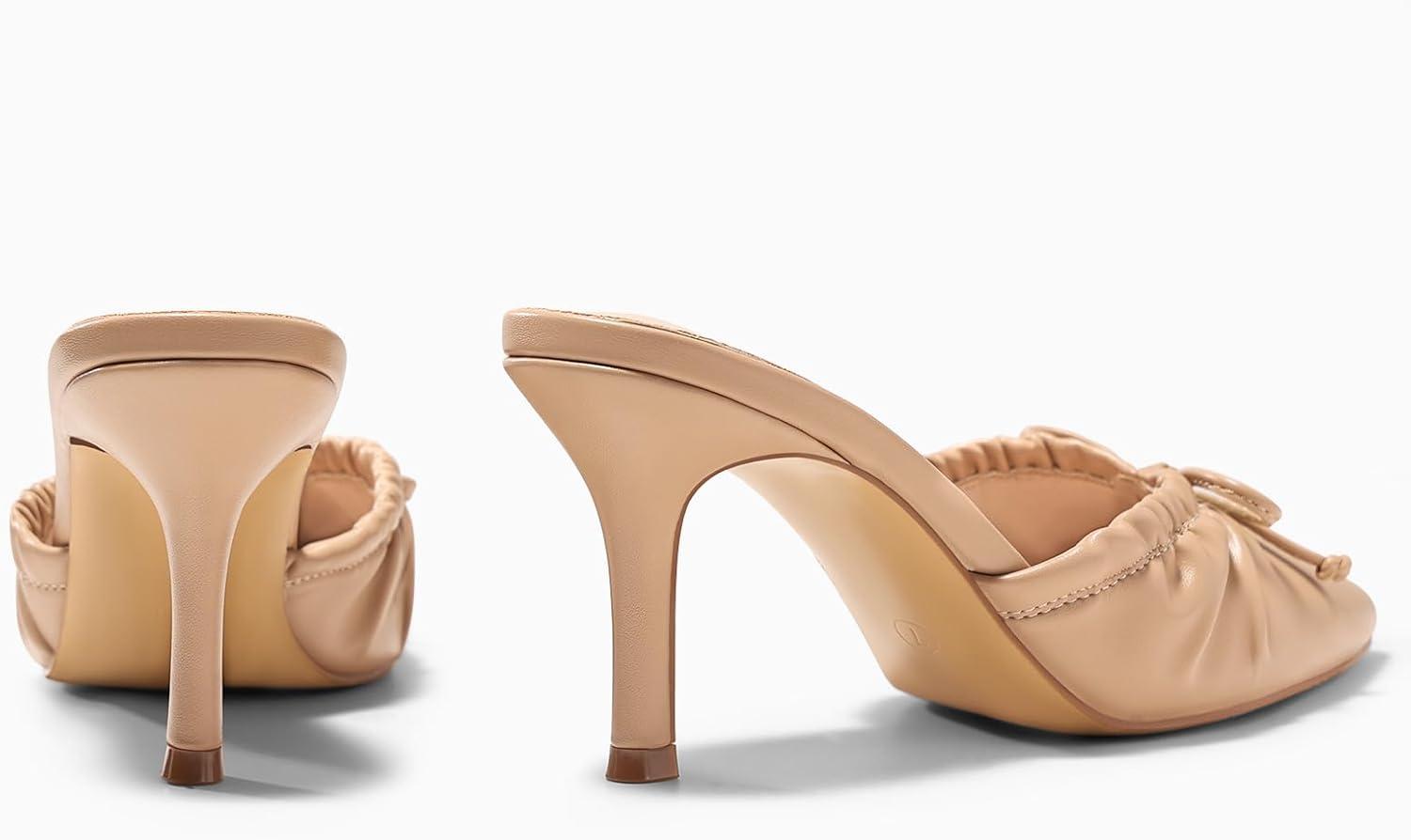 image:imageCoutgo Womens High Heels Mules Bow Closed Pointed Toe Pumps Pleated Slip On Dress ShoesPu Khaki