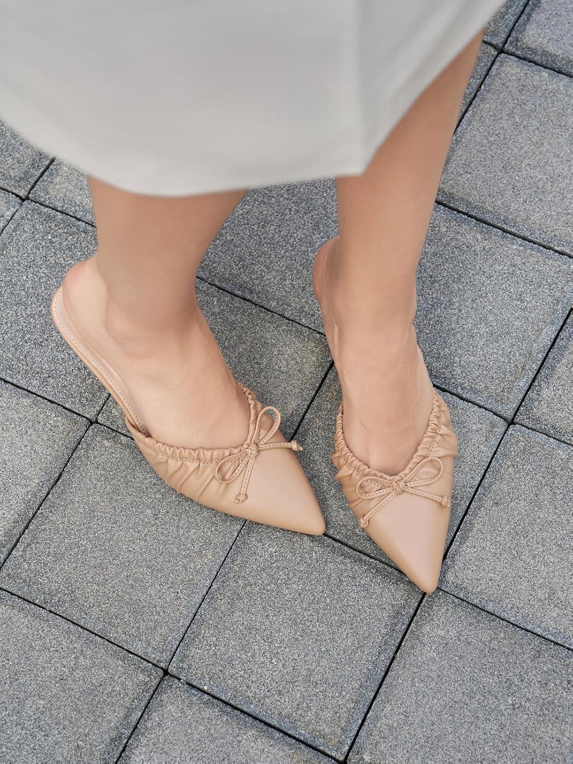 image:imageCoutgo Womens High Heels Mules Bow Closed Pointed Toe Pumps Pleated Slip On Dress ShoesPu Khaki