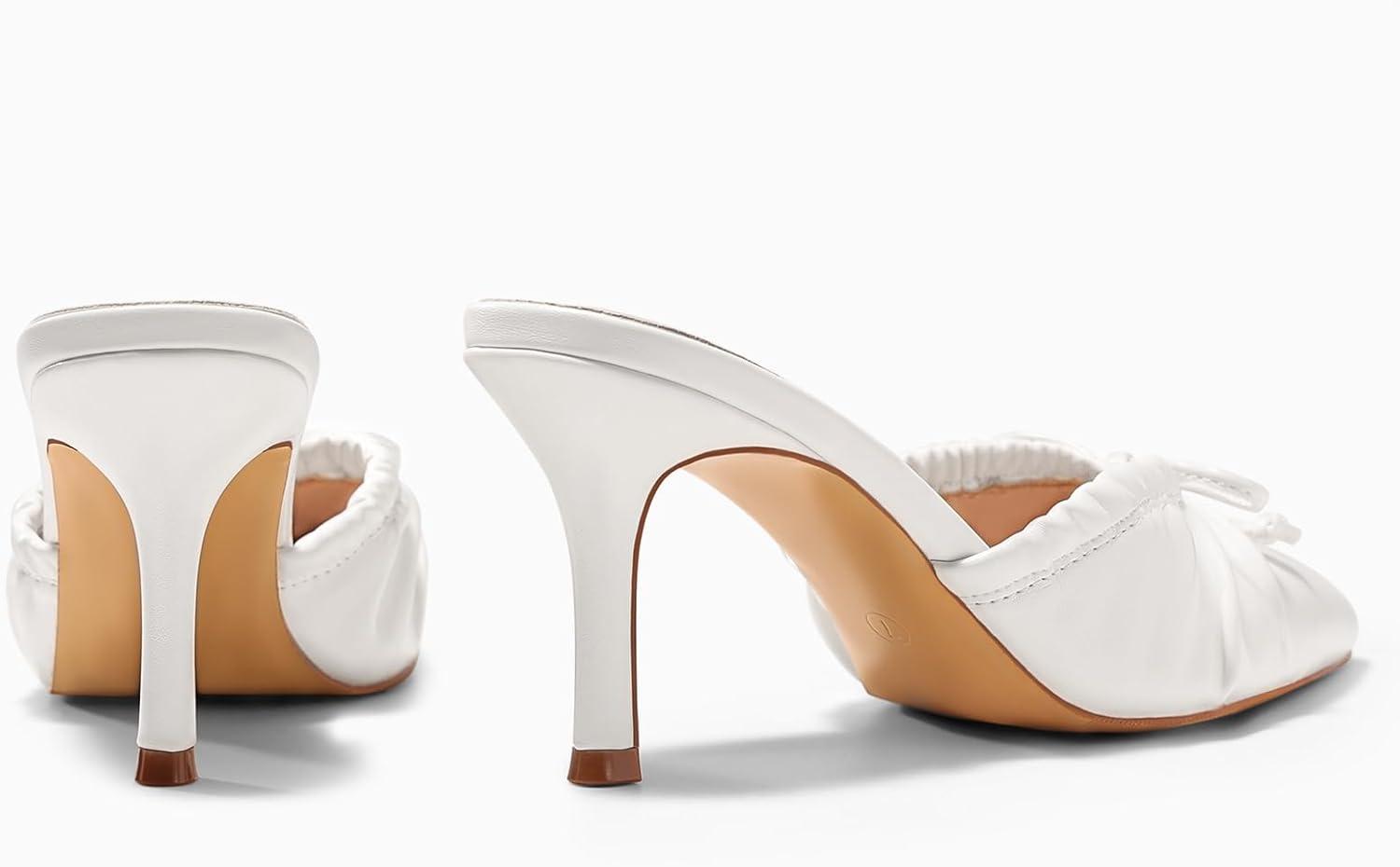 image:imageCoutgo Womens High Heels Mules Bow Closed Pointed Toe Pumps Pleated Slip On Dress ShoesPu White