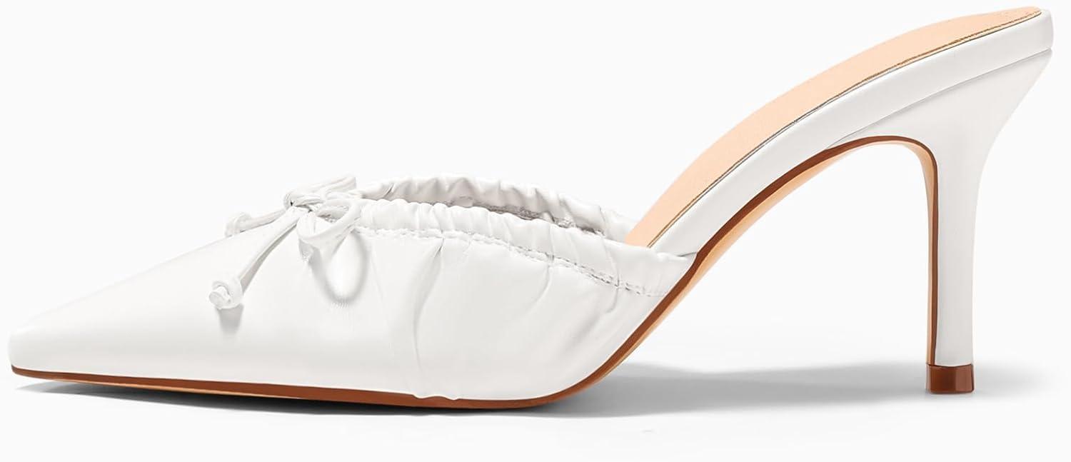 image:imageCoutgo Womens High Heels Mules Bow Closed Pointed Toe Pumps Pleated Slip On Dress ShoesPu White