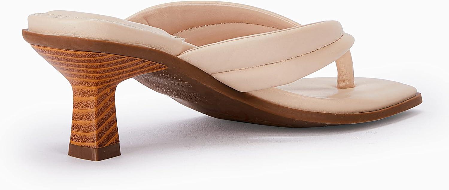 image:imageCoutgo Womens Kitten Heel Thong Sandals Flip Flops Slip On Square Open Toe Slippers Low Stacked Heeled MulesBeige