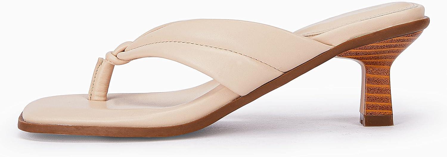 image:imageCoutgo Womens Kitten Heel Thong Sandals Flip Flops Slip On Square Open Toe Slippers Low Stacked Heeled MulesBeige