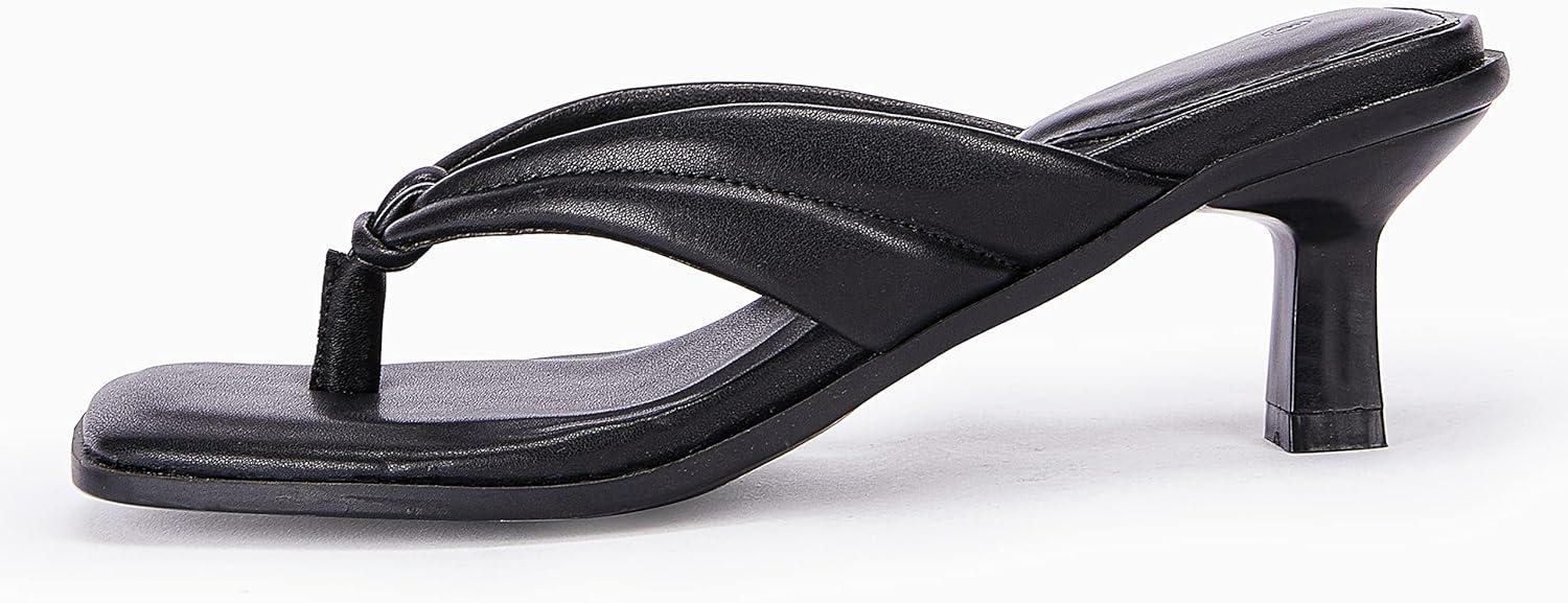 image:imageCoutgo Womens Kitten Heel Thong Sandals Flip Flops Slip On Square Open Toe Slippers Low Stacked Heeled MulesBlack