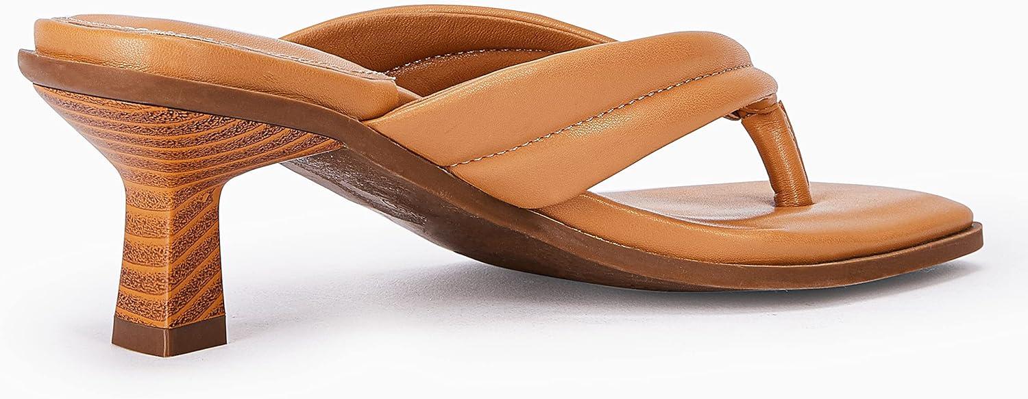image:imageCoutgo Womens Kitten Heel Thong Sandals Flip Flops Slip On Square Open Toe Slippers Low Stacked Heeled MulesCamel