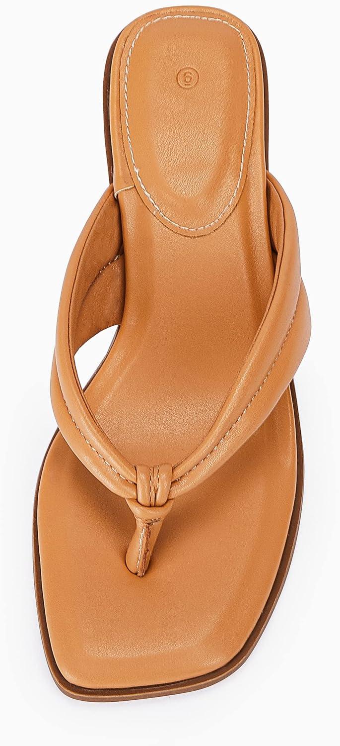 image:imageCoutgo Womens Kitten Heel Thong Sandals Flip Flops Slip On Square Open Toe Slippers Low Stacked Heeled MulesCamel
