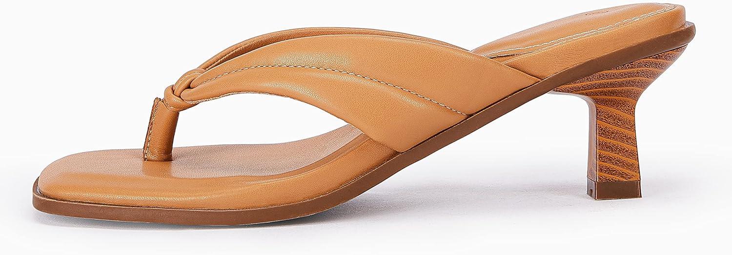 image:imageCoutgo Womens Kitten Heel Thong Sandals Flip Flops Slip On Square Open Toe Slippers Low Stacked Heeled MulesCamel