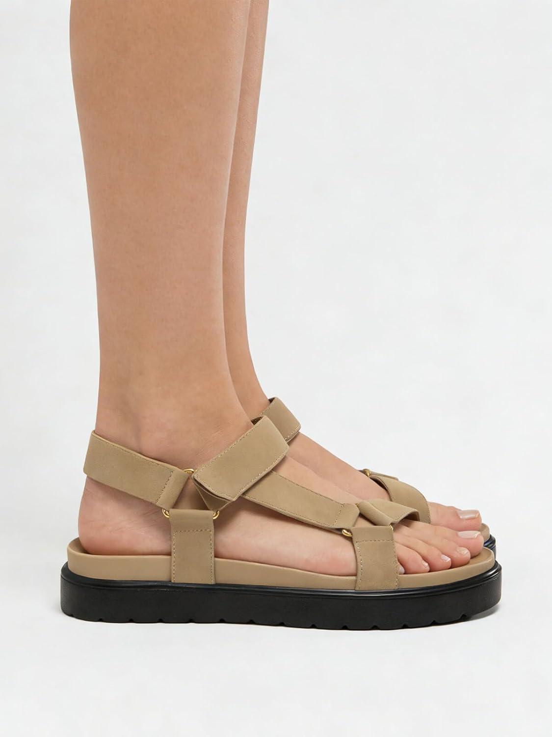 image:imageCoutgo Womens Platform Sandals Comfortable Open Toe Adjustable Strap Summer Vacation ShoesKhaki