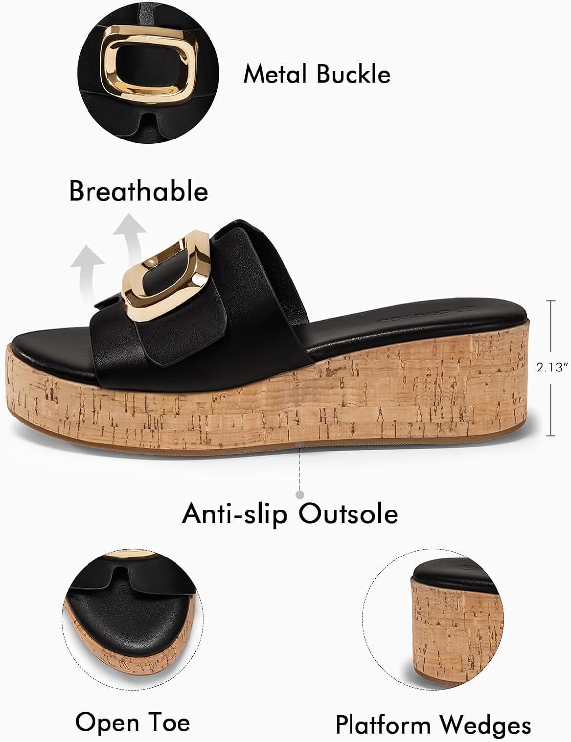 image:imageCoutgo Womens Platform Sandals Cork Beach Slip on Wedges Metal Buckle Slides Open Toe Summer Shoes Black Size 7