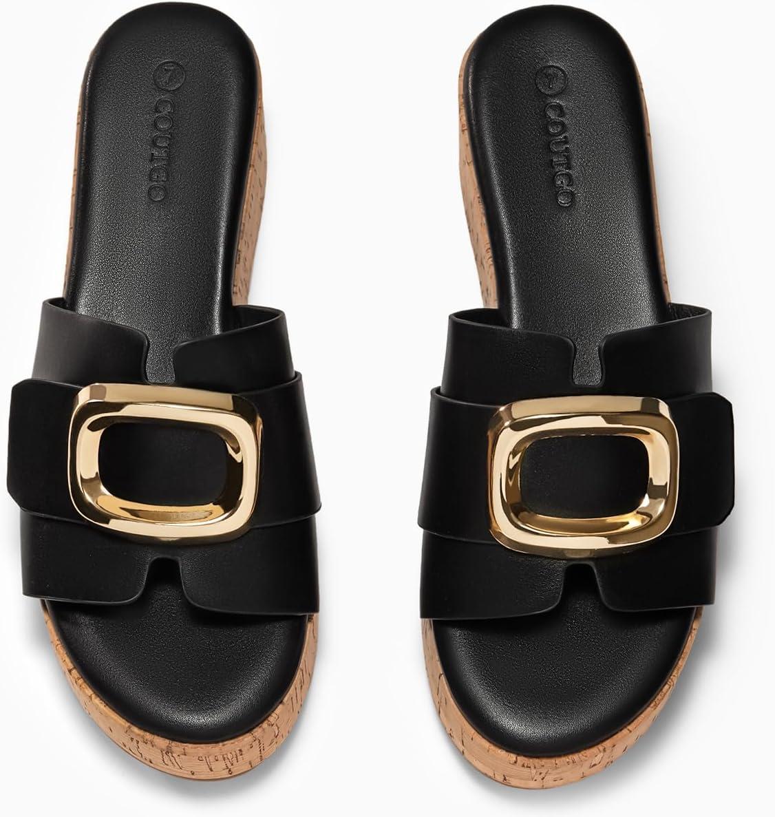 image:imageCoutgo Womens Platform Sandals Cork Beach Slip on Wedges Metal Buckle Slides Open Toe Summer Shoes Black Size 7