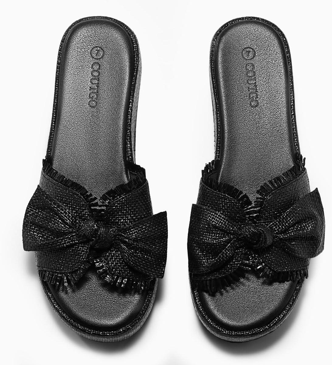 image:imageCoutgo Womens Platform Wedge Sandals Bow Open Toe Slide Sandals Straw Slip On Summer Beach ShoesBlack