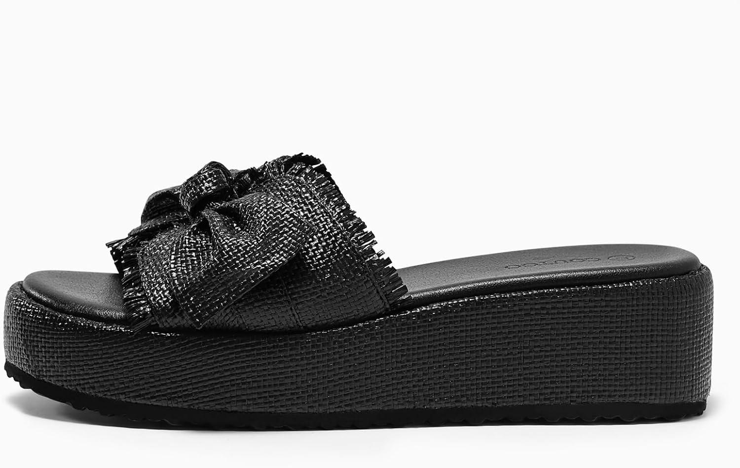 image:imageCoutgo Womens Platform Wedge Sandals Bow Open Toe Slide Sandals Straw Slip On Summer Beach ShoesBlack
