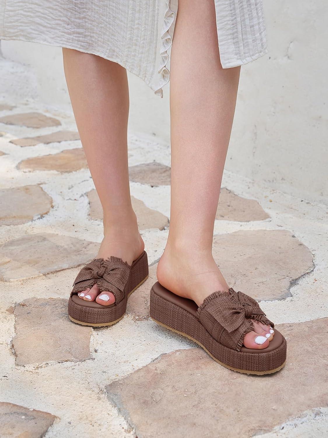 image:imageCoutgo Womens Platform Wedge Sandals Bow Open Toe Slide Sandals Straw Slip On Summer Beach ShoesBrown