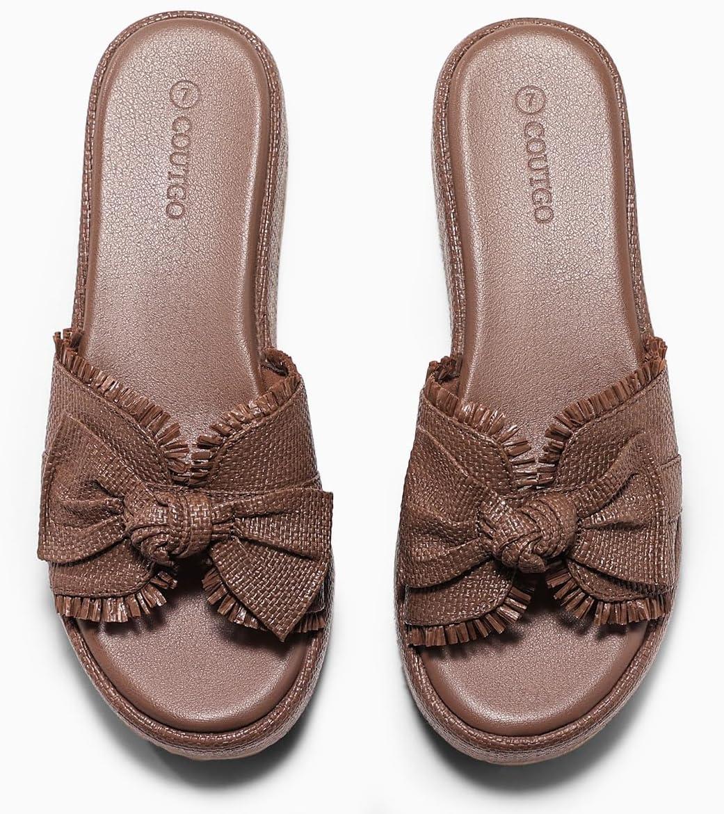 image:imageCoutgo Womens Platform Wedge Sandals Bow Open Toe Slide Sandals Straw Slip On Summer Beach ShoesBrown