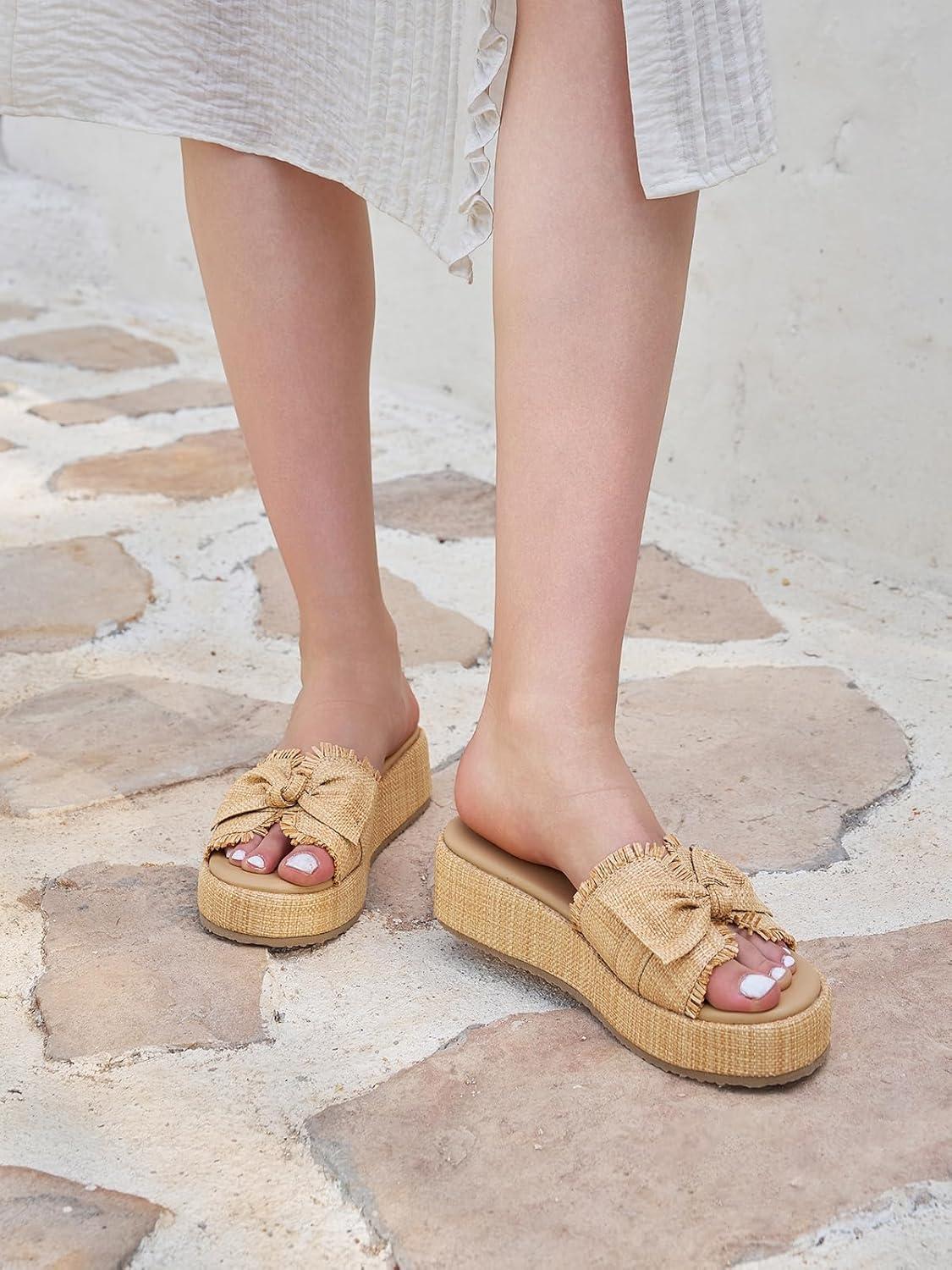image:imageCoutgo Womens Platform Wedge Sandals Bow Open Toe Slide Sandals Straw Slip On Summer Beach ShoesDark Khaki