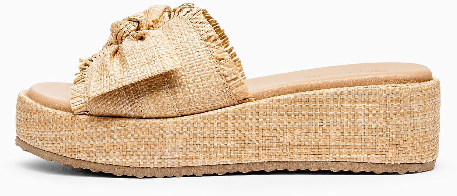 image:imageCoutgo Womens Platform Wedge Sandals Bow Open Toe Slide Sandals Straw Slip On Summer Beach ShoesDark Khaki