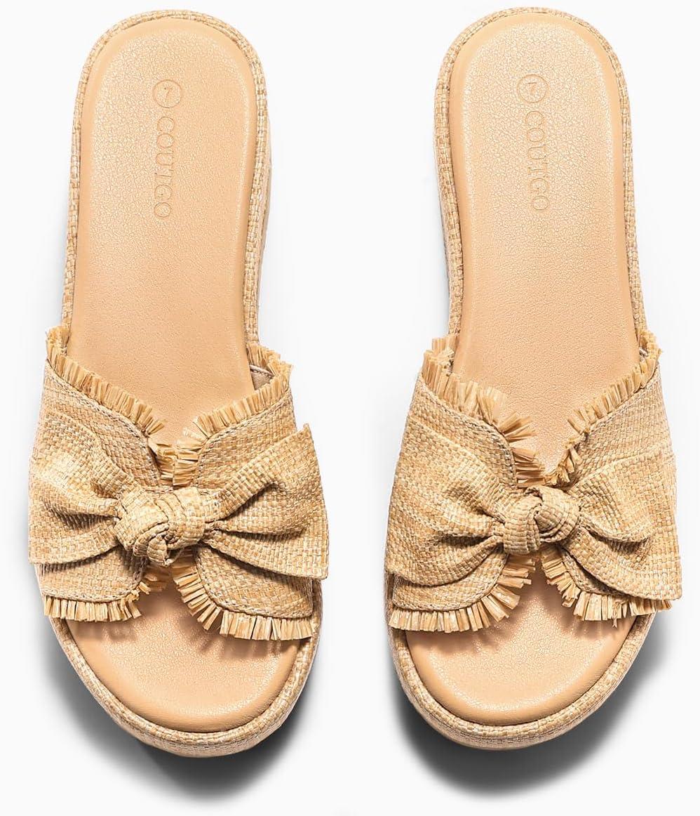 image:imageCoutgo Womens Platform Wedge Sandals Bow Open Toe Slide Sandals Straw Slip On Summer Beach ShoesDark Khaki