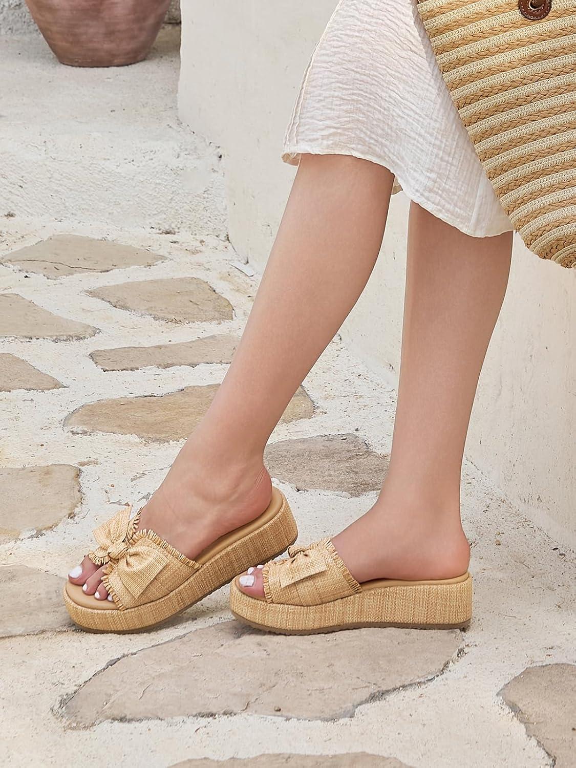 image:imageCoutgo Womens Platform Wedge Sandals Bow Open Toe Slide Sandals Straw Slip On Summer Beach ShoesDark Khaki