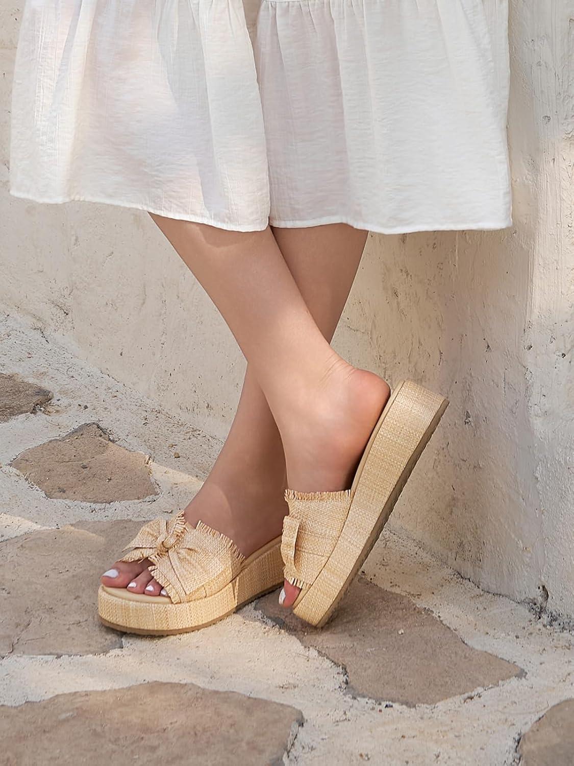 image:imageCoutgo Womens Platform Wedge Sandals Bow Open Toe Slide Sandals Straw Slip On Summer Beach ShoesKhaki