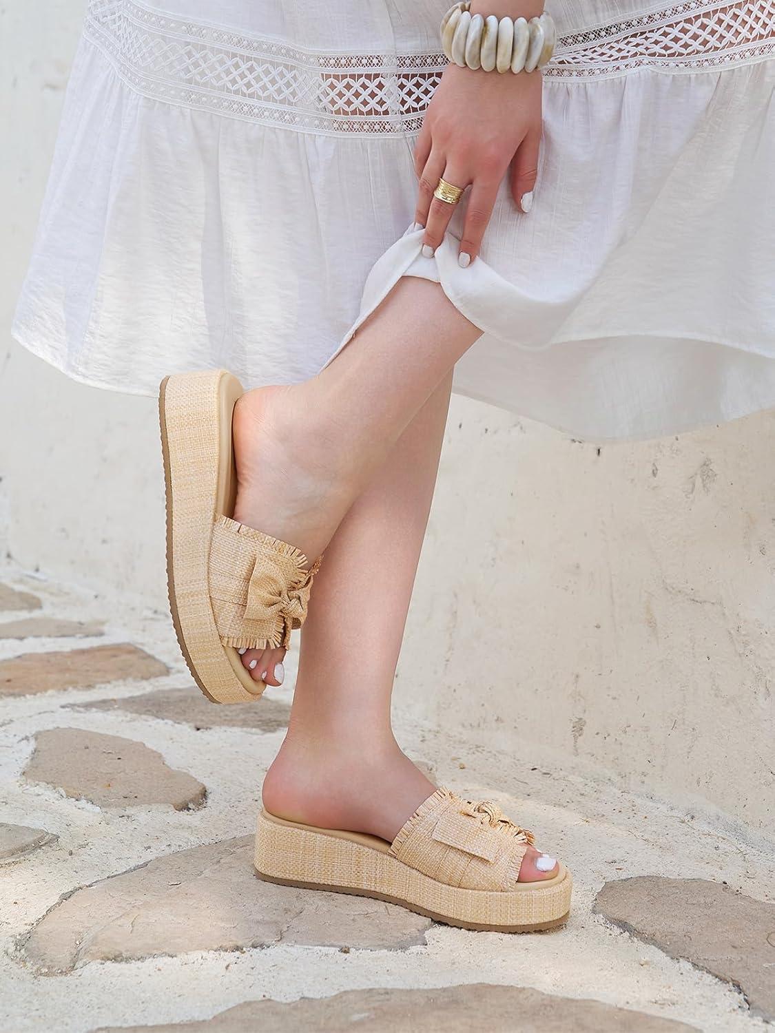 image:imageCoutgo Womens Platform Wedge Sandals Bow Open Toe Slide Sandals Straw Slip On Summer Beach ShoesKhaki