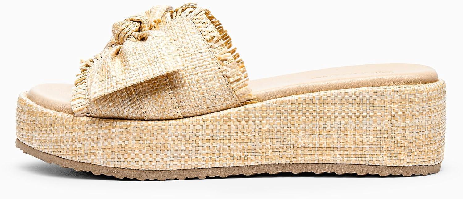 image:imageCoutgo Womens Platform Wedge Sandals Bow Open Toe Slide Sandals Straw Slip On Summer Beach ShoesKhaki
