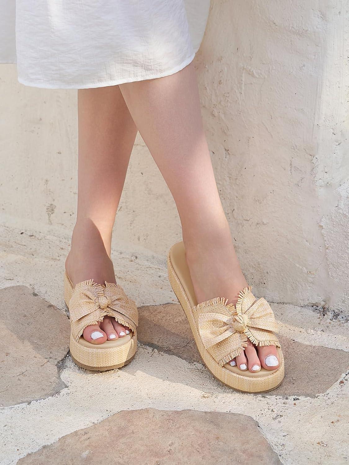 image:imageCoutgo Womens Platform Wedge Sandals Bow Open Toe Slide Sandals Straw Slip On Summer Beach ShoesKhaki